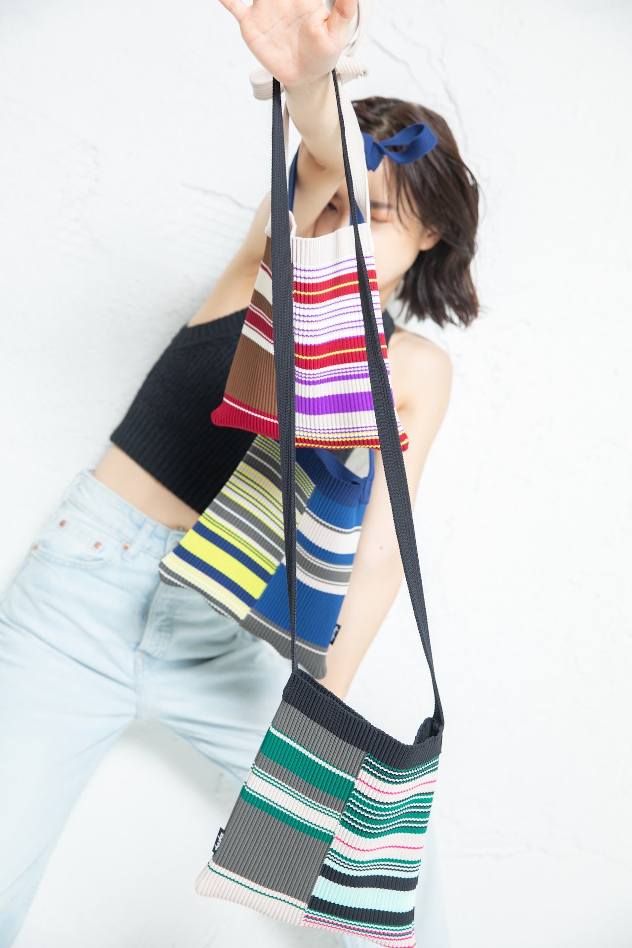 MULTI BORDER KNIT BAG（BLACK）